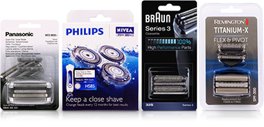 Montage of Braun, Remington, Panasonic and Philips Blades and Foils